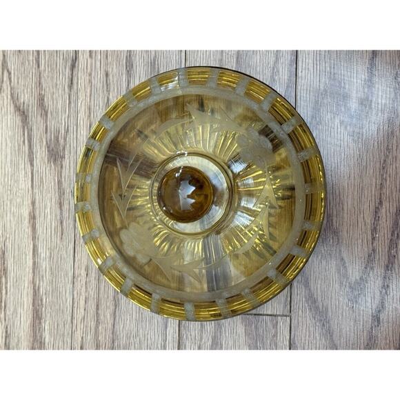 Vintage Etched Amber Lidded Candy/Trinket Dish 3 Compartments Depression A6